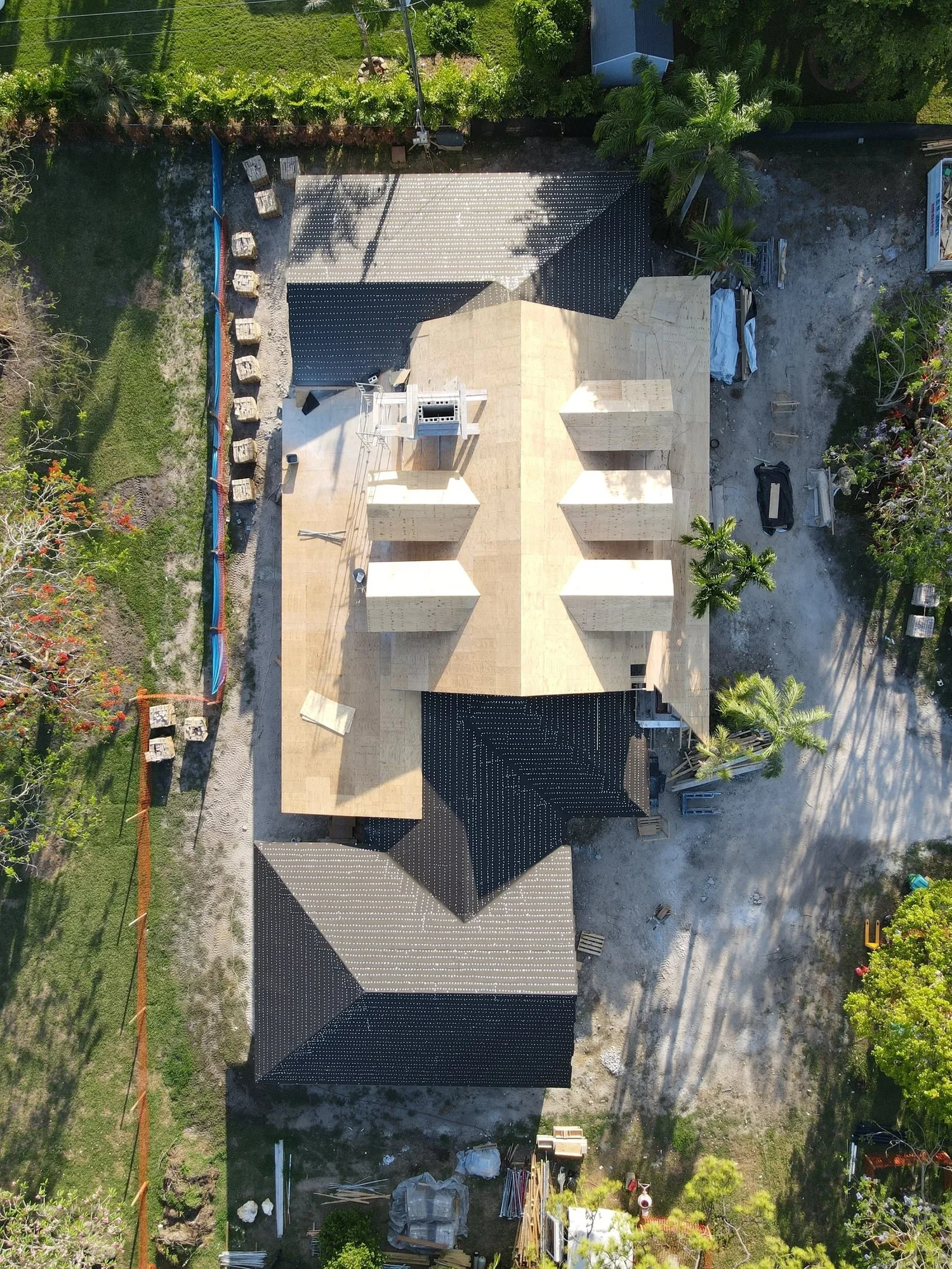 Aerial view of roof framing in progress